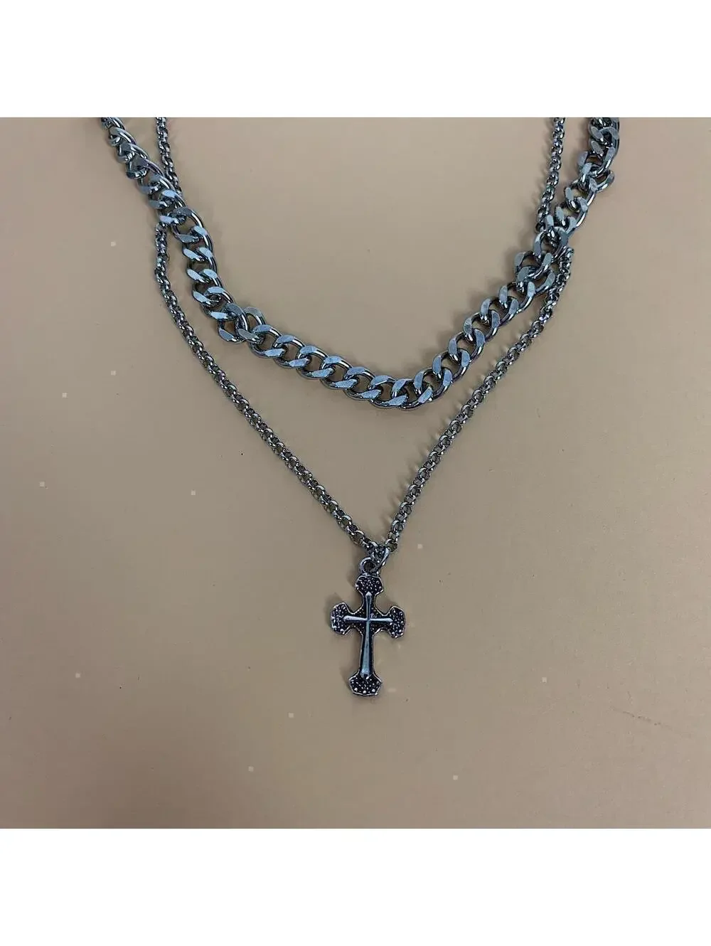 Y2k 2000s style Stainless Steel Double layer silver chrome cross chain grunge Cu